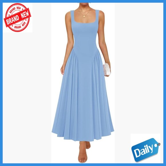 Sleeveless Square Neck Maxi Sundress A-Line Flowy Long Casual Dress